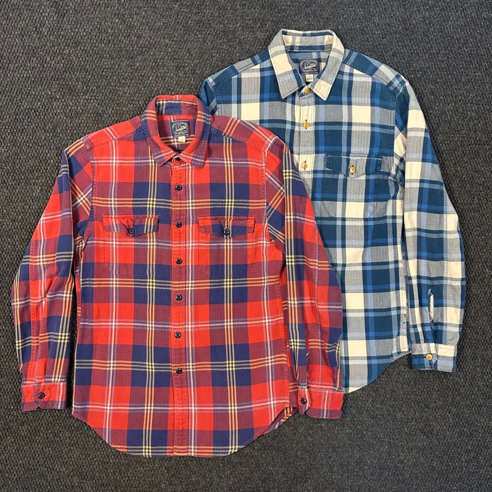 J. Crew Flannel Shirts Lot of 2 Mens S Red Blue Herringbone Plaid Long Sleeve